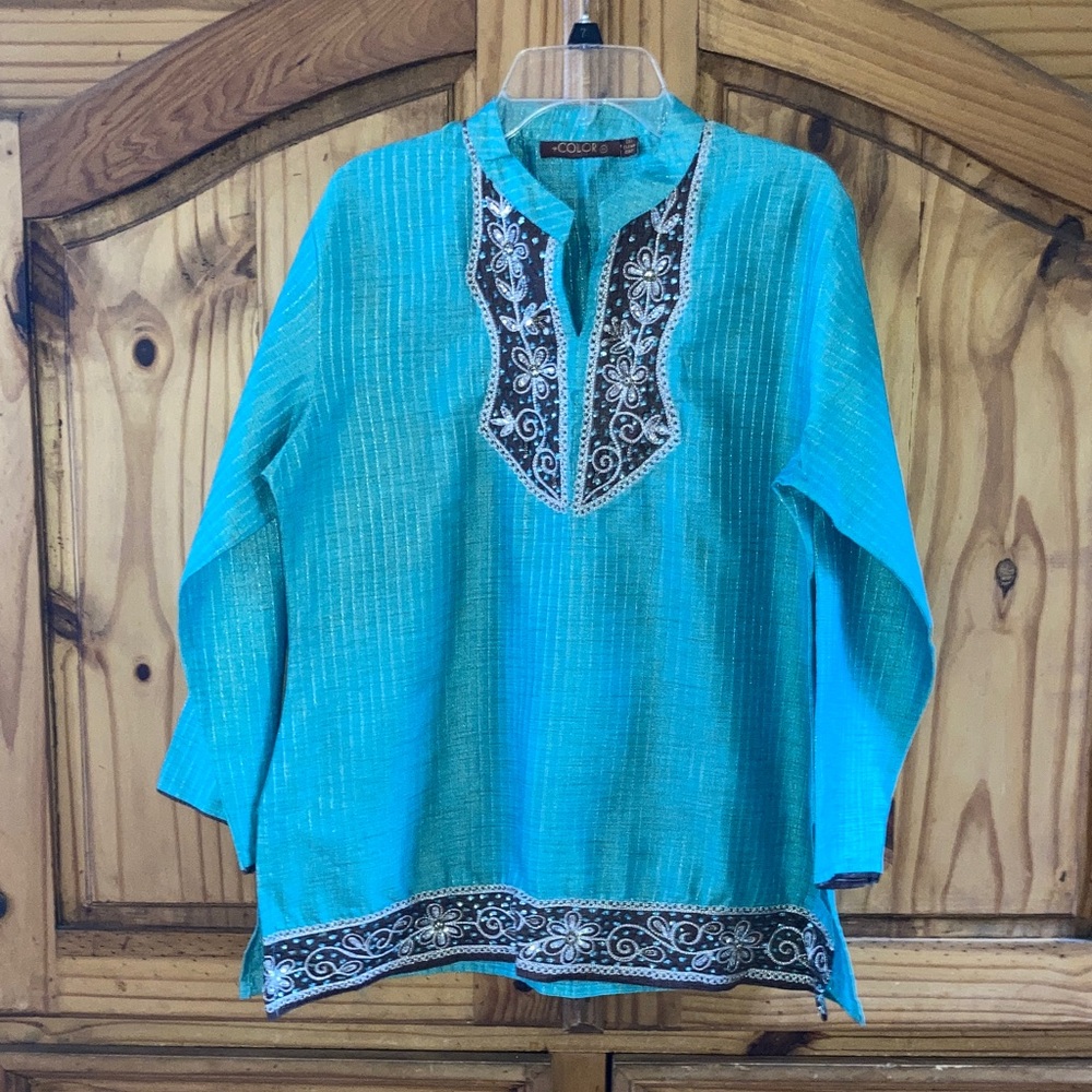Women +Color green silver embroidered long sleeve tunic blouse shirt size XL